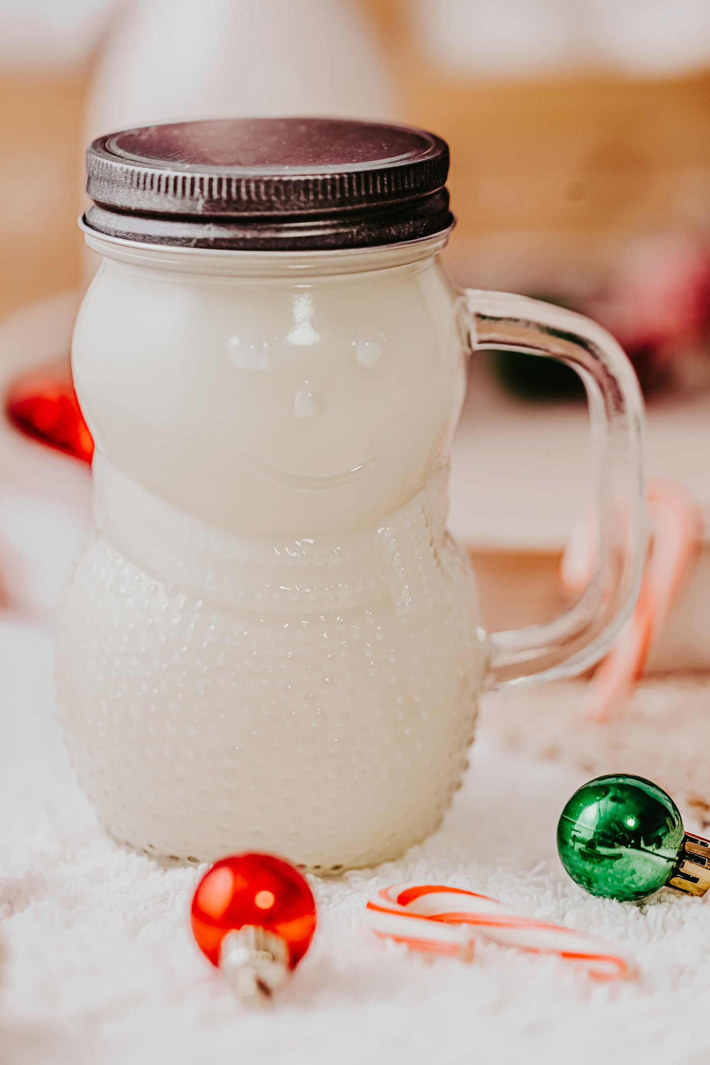 Limited Edition SNOWMAN All natural Soy Candle, 16 ounce glass mason jar with handle, essential oil scents